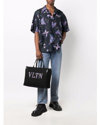 Chemise à manches courtes en soie imprimée noire Valentino