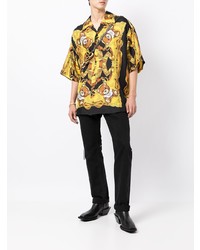 Chemise à manches courtes en soie imprimée noire Moschino