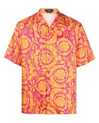 Chemise à manches courtes en soie imprimée orange Versace