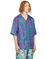 Chemise à manches courtes en soie imprimée turquoise Versace