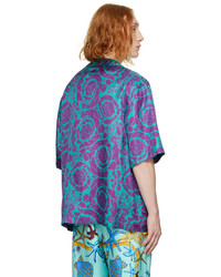 Chemise à manches courtes en soie imprimée turquoise Versace
