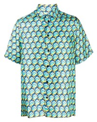 Chemise à manches courtes en soie imprimée turquoise Botter