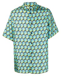 Chemise à manches courtes en soie imprimée turquoise Botter
