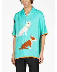 Chemise à manches courtes en soie imprimée turquoise Gucci