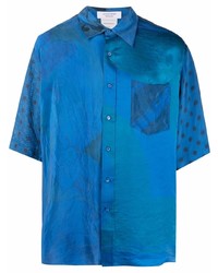 Chemise à manches courtes en soie imprimée turquoise Marine Serre
