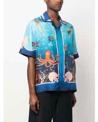 Chemise à manches courtes en soie imprimée turquoise Casablanca