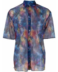 Chemise à manches courtes en tulle imprimée tie-dye bleu marine