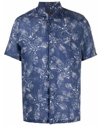 Chemise à manches courtes imprimée bleu marine et blanc Corneliani