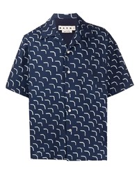 Chemise à manches courtes imprimée bleu marine et blanc Marni