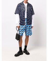 Chemise à manches courtes imprimée bleu marine et blanc Marni