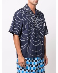 Chemise à manches courtes imprimée bleu marine et blanc Marni