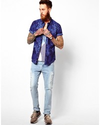 Chemise à manches courtes imprimée bleu marine Asos