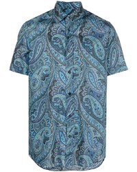 Chemise à manches courtes imprimée cachemire bleue Etro