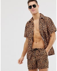 Chemise à manches courtes imprimée léopard marron clair South Beach