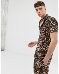 Chemise à manches courtes imprimée léopard marron