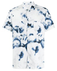 Chemise à manches courtes imprimée tie-dye blanc et bleu marine