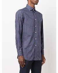 Chemise à manches longues à carreaux bleu marine et blanc Brioni