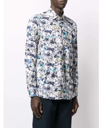 Chemise à manches longues à fleurs blanc et bleu marine Etro