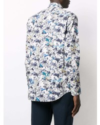 Chemise à manches longues à fleurs blanc et bleu marine Etro