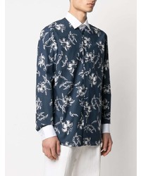Chemise à manches longues à fleurs bleu marine et blanc Etro
