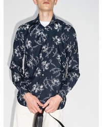 Chemise à manches longues à fleurs bleu marine et blanc Kiton