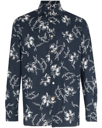 Chemise à manches longues à fleurs bleu marine et blanc Kiton