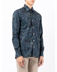 Chemise à manches longues à fleurs bleu marine Kiton