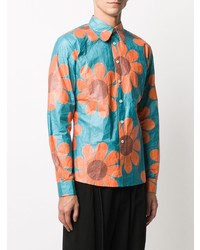 Chemise à manches longues à fleurs turquoise Walter Van Beirendonck