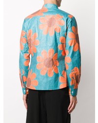 Chemise à manches longues à fleurs turquoise Walter Van Beirendonck