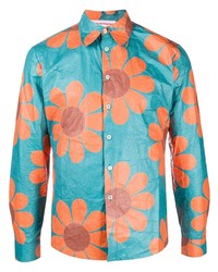 Chemise à manches longues à fleurs turquoise Walter Van Beirendonck