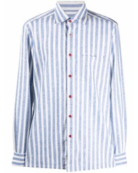 Chemise à manches longues à rayures verticales blanc et bleu Kiton