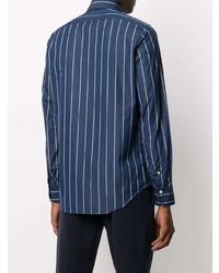 Chemise à manches longues à rayures verticales bleu marine et blanc Finamore 1925 Napoli