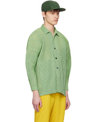 Chemise à manches longues à rayures verticales verte Homme Plissé Issey Miyake