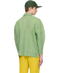 Chemise à manches longues à rayures verticales verte Homme Plissé Issey Miyake