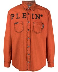Chemise à manches longues brodée orange Philipp Plein
