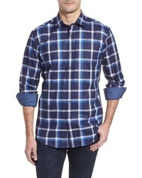 Chemise à manches longues en chambray écossaise bleu marine