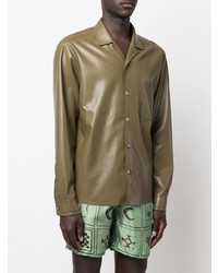 Chemise à manches longues en cuir olive Nanushka