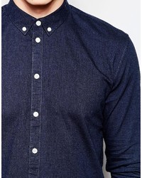 Chemise à manches longues en flanelle bleu marine Minimum