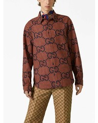 Chemise à manches longues en laine à carreaux marron Gucci