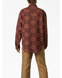 Chemise à manches longues en laine à carreaux marron Gucci