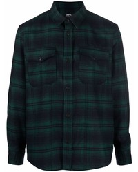 Chemise à manches longues en laine écossaise vert foncé A.P.C.