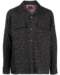 Chemise à manches longues en laine imprimée léopard noire