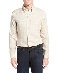 Chemise à manches longues en lin à carreaux beige