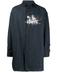 Chemise à manches longues en lin à carreaux bleu marine Yohji Yamamoto