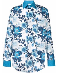Chemise à manches longues en lin à fleurs blanc et bleu Etro
