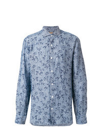 Chemise à manches longues en lin à fleurs bleu clair