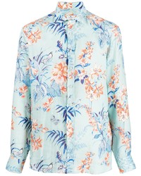 Chemise à manches longues en lin à fleurs bleu clair Etro