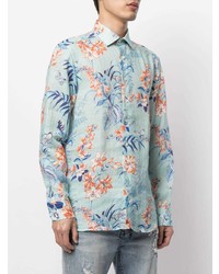 Chemise à manches longues en lin à fleurs bleu clair Etro