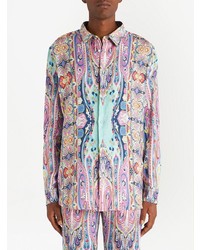 Chemise à manches longues en lin à fleurs bleu clair Etro