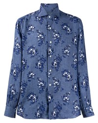 Chemise à manches longues en lin à fleurs bleue Barba
